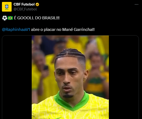 Perfil da CBF no X posta gol com duas horas de atraso e marca perfil falso de Raphinha
