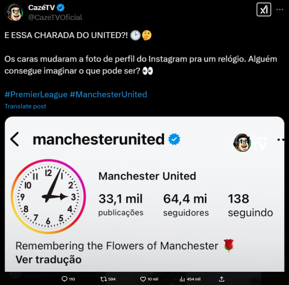 CazéTV confunde post do Manchester United em homenagem a vítimas de acidente aéreo com "enigma"